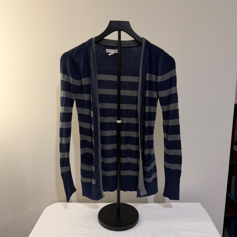 Aeropostale Womens Striped Cardigan Sweater Navy Blue Gray XS V-Neck Pockets